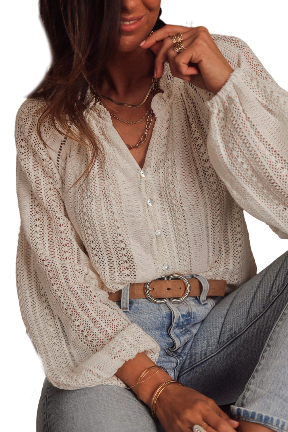 White Lace Hollow out Puff Sleeve Button up Shirt