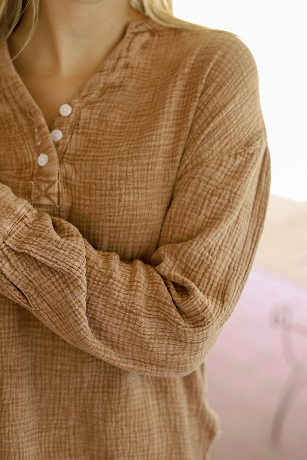 Brown Crinkle Textured Loose Henley Top