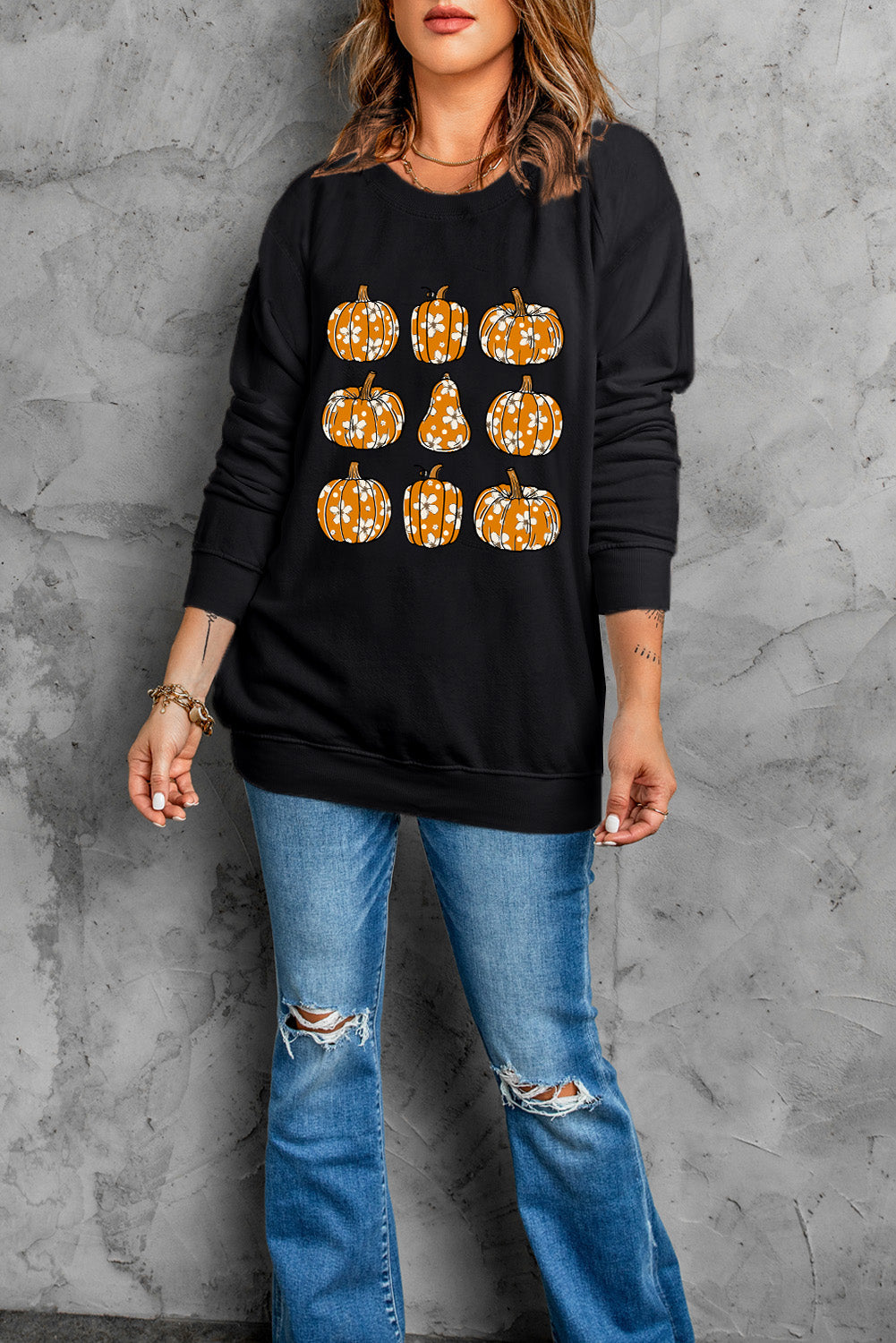 Black Floral Pumpkin Graphic Round Neck Halloween Sweatshirt