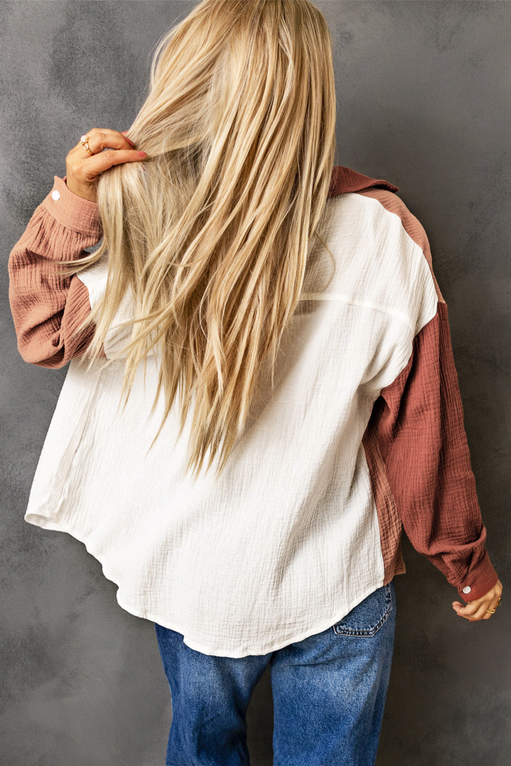 Brown Color Block Textured Long Sleeve Shirt with Pocket