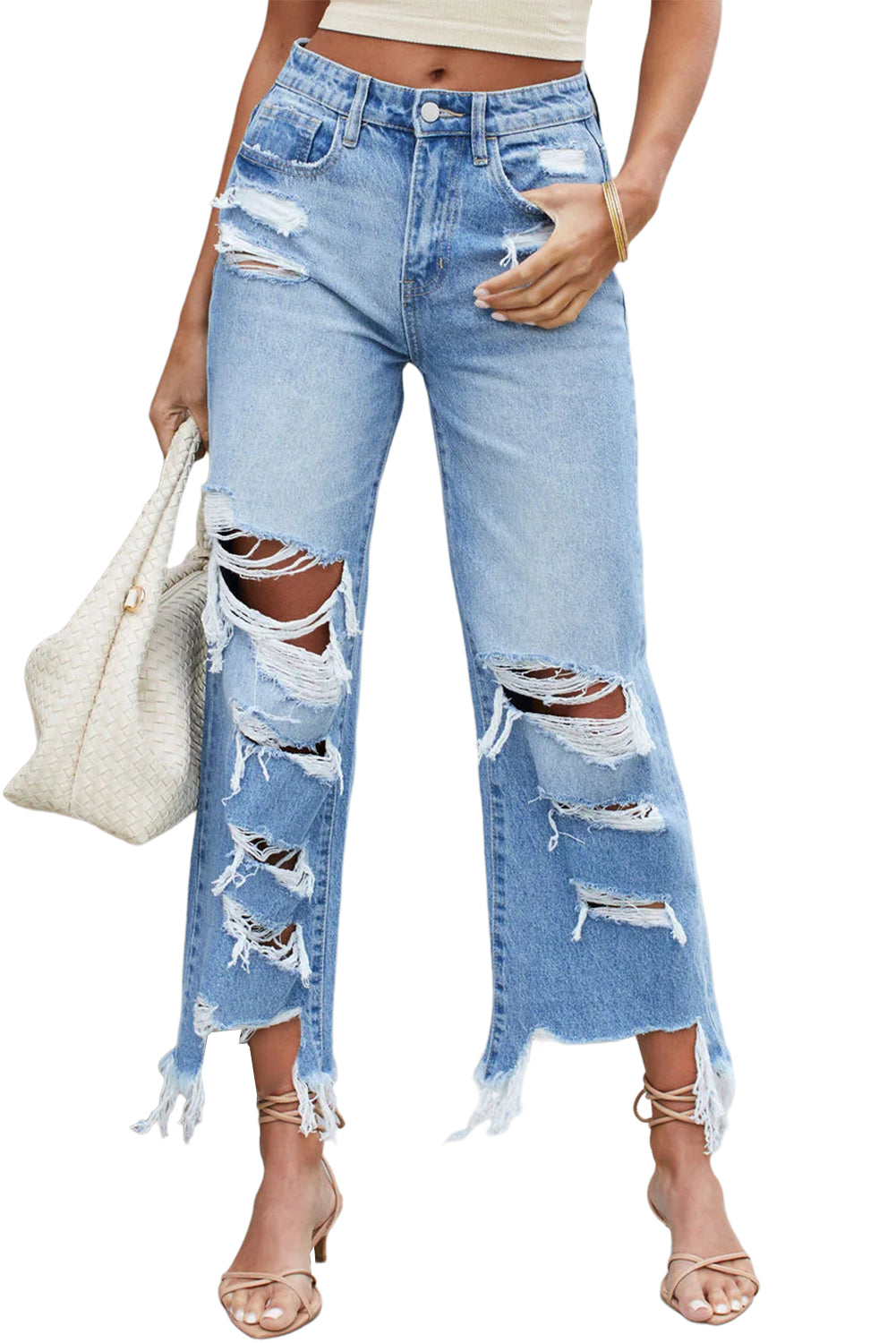 Sky Blue Heavy Destroyed High Waist Jeans