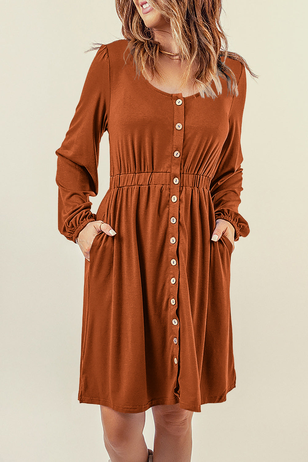 Button Down Long Sleeve Dress with Pockets