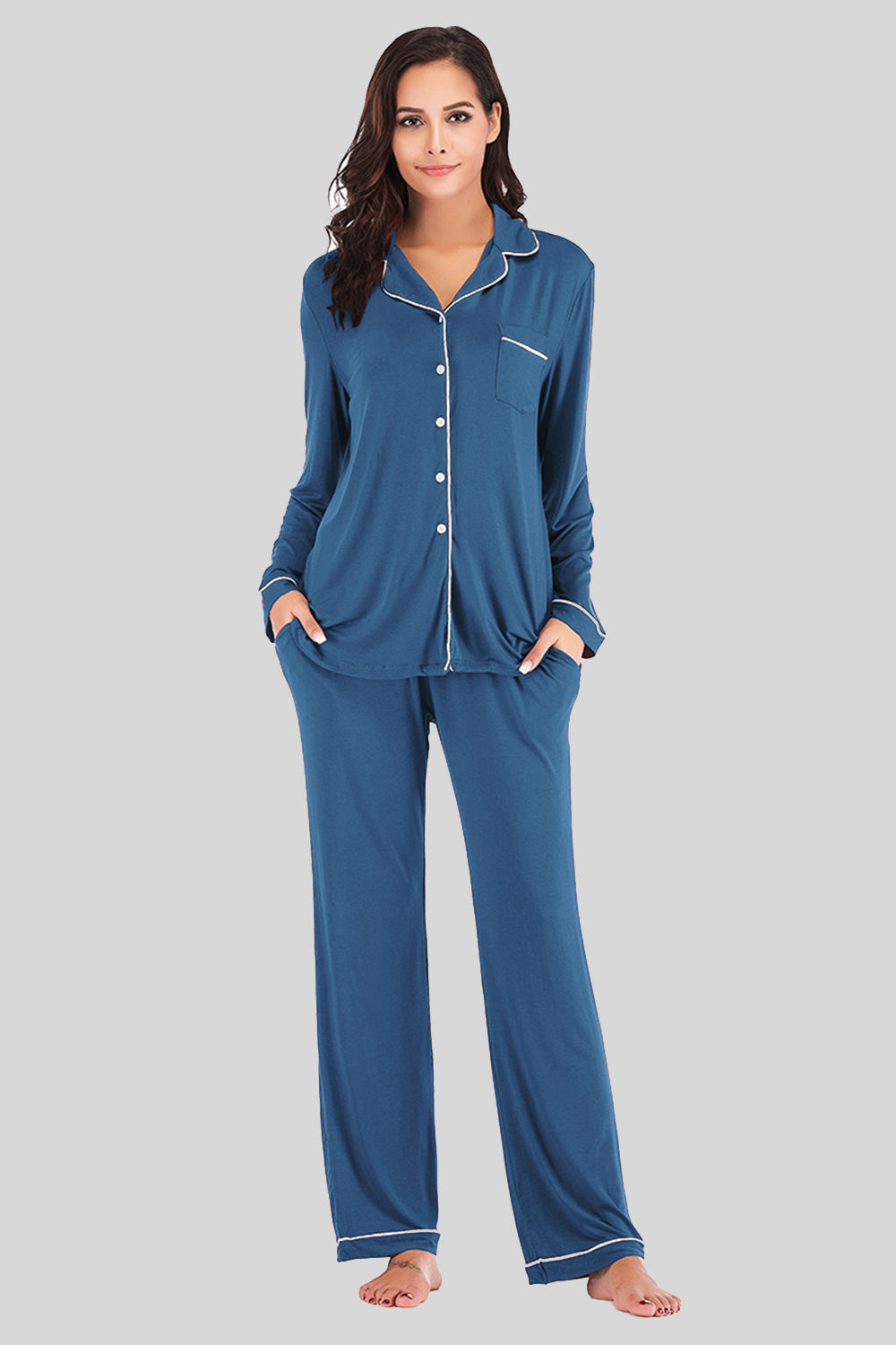 Collared Neck Long Sleeve Loungewear Set with Pockets