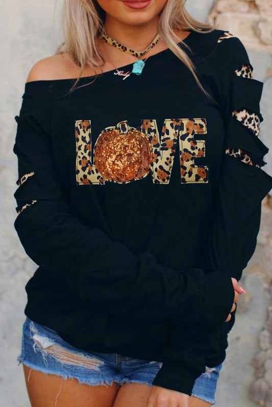 Black LOVE Sequin Pumpkin Leopard Print Cut Out Sleeve Sweatshirt