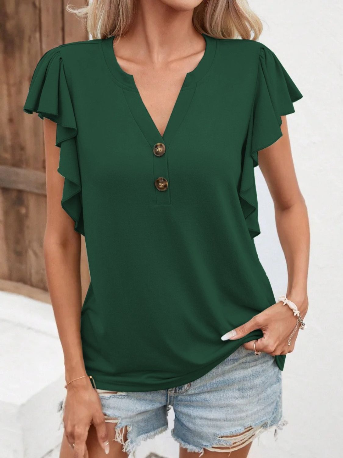 Full Size Ruffled Notched Cap Sleeve T-Shirt