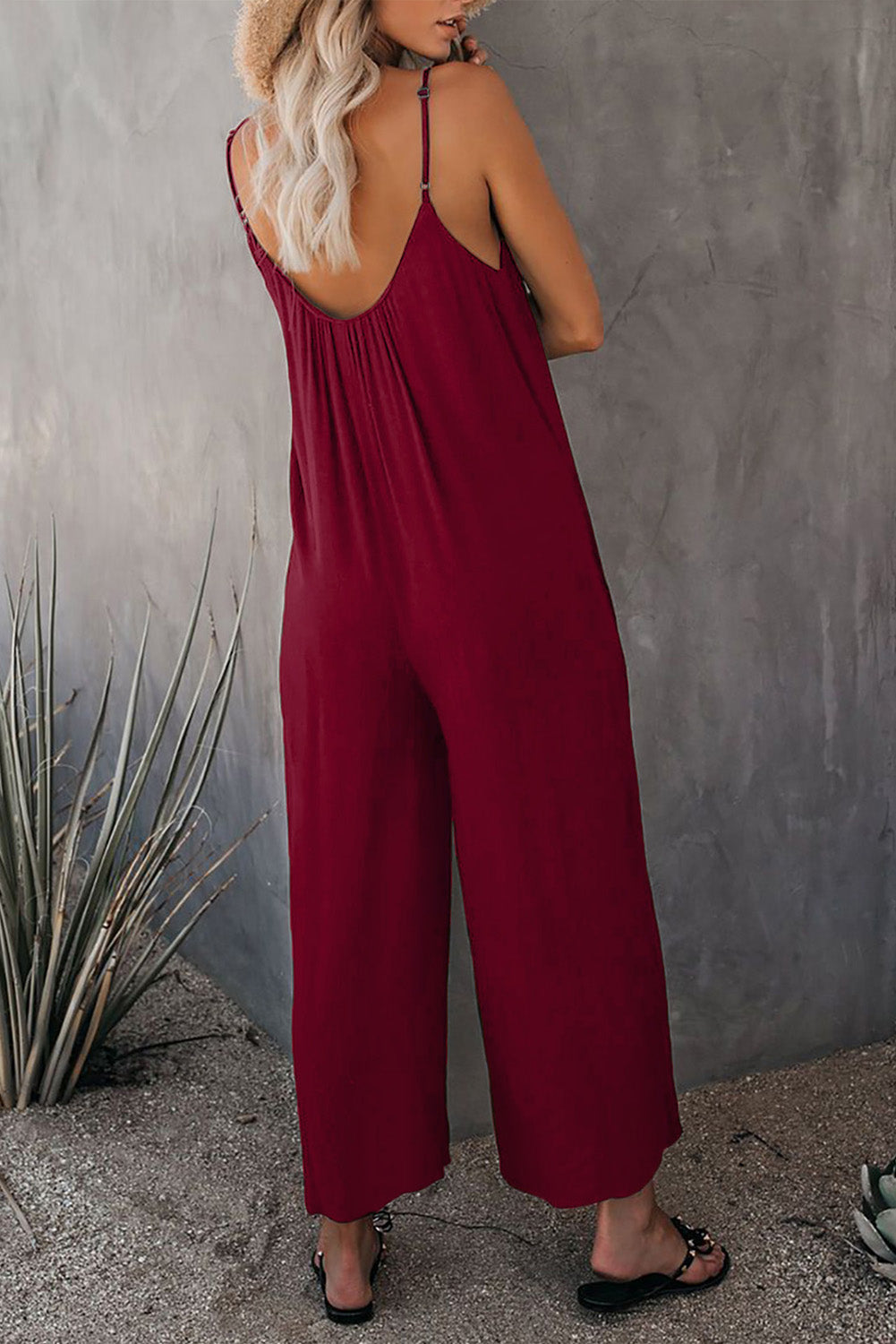 Fiery Red Spaghetti Straps Wide Leg Pocketed Jumpsuits