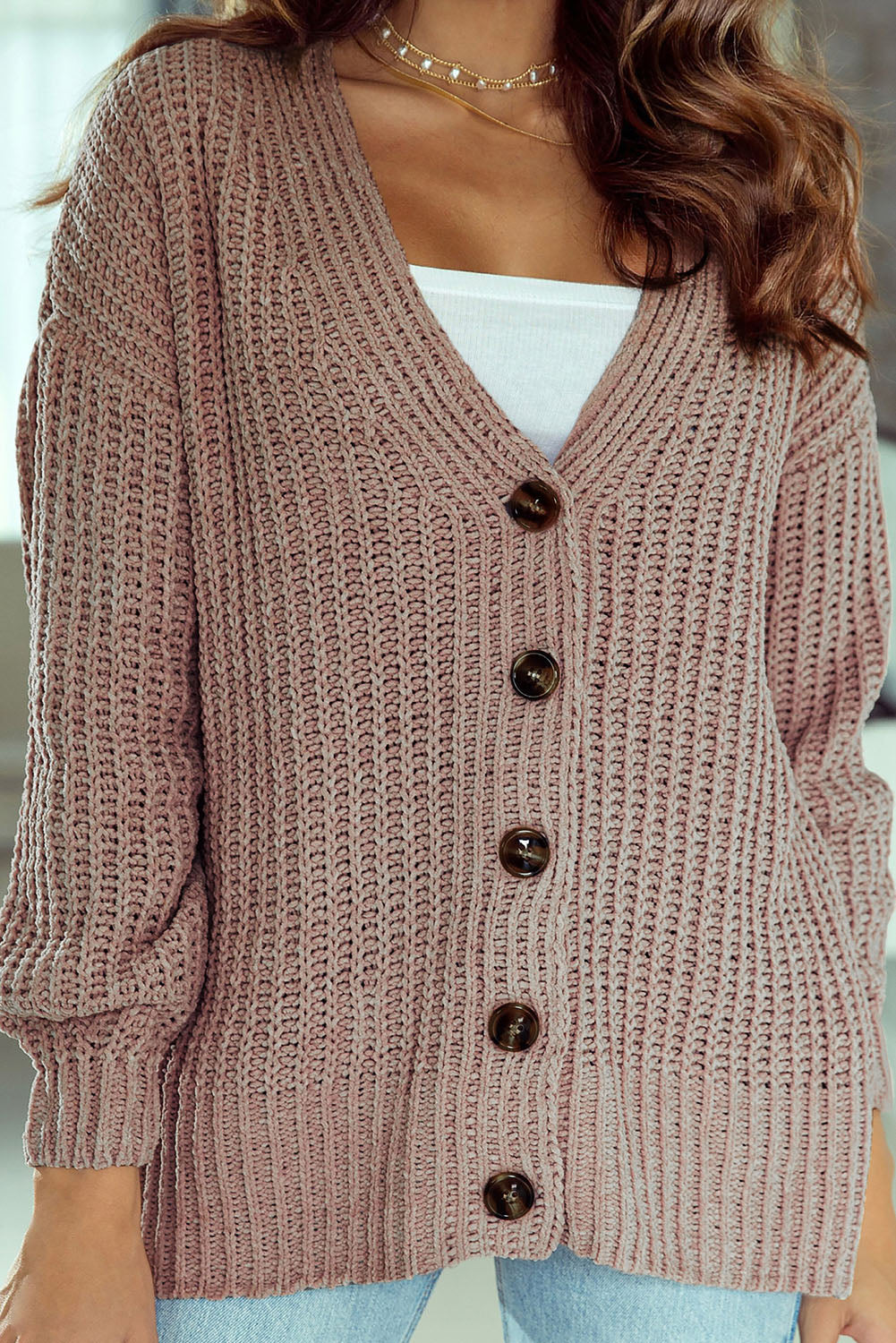 Khaki Buttoned Front Drop Shoulder Knitted Cardigan