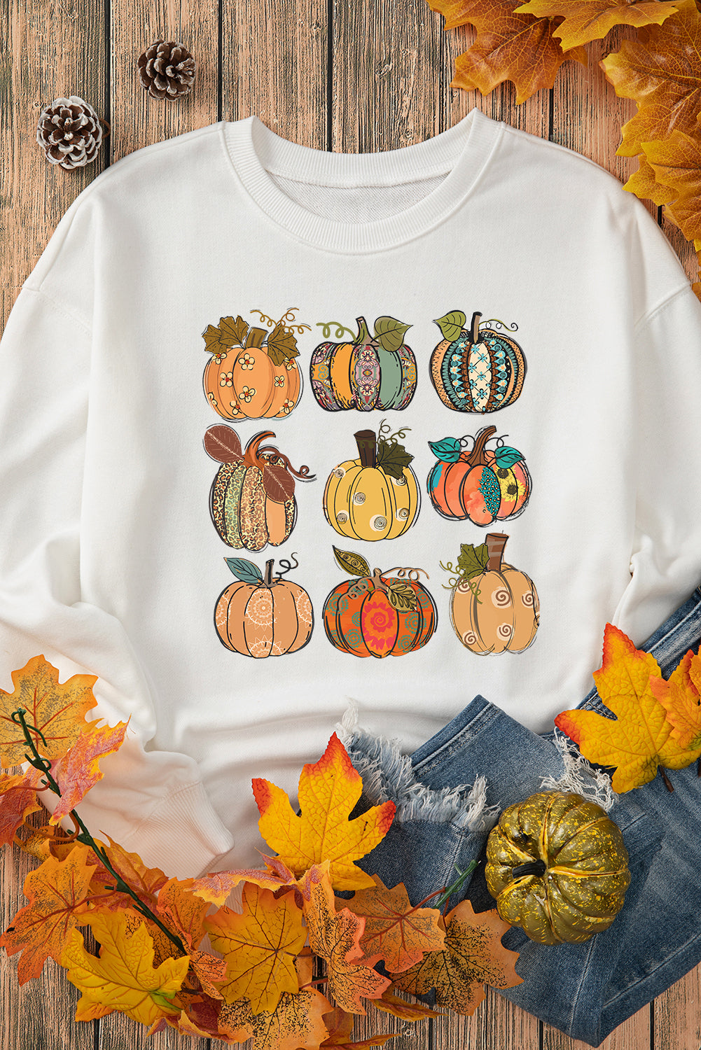 Beige Thanksgiving Pumpkin Print Drop Shoulder Sweatshirt