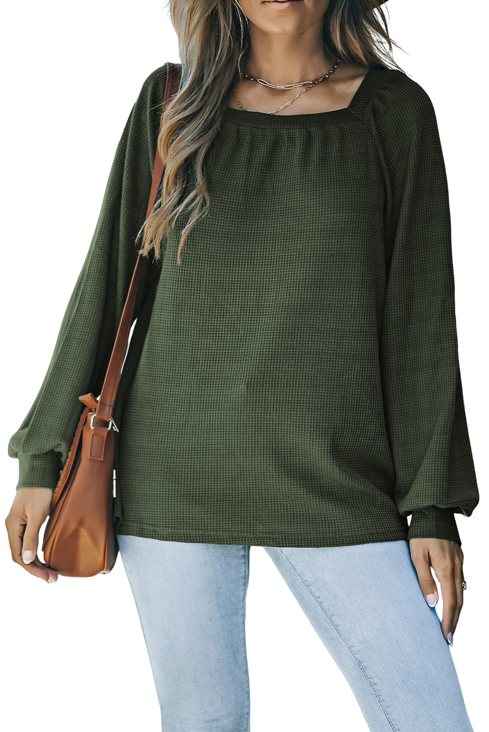 Green Scoop Neck Puff Sleeve Waffle Knit Top