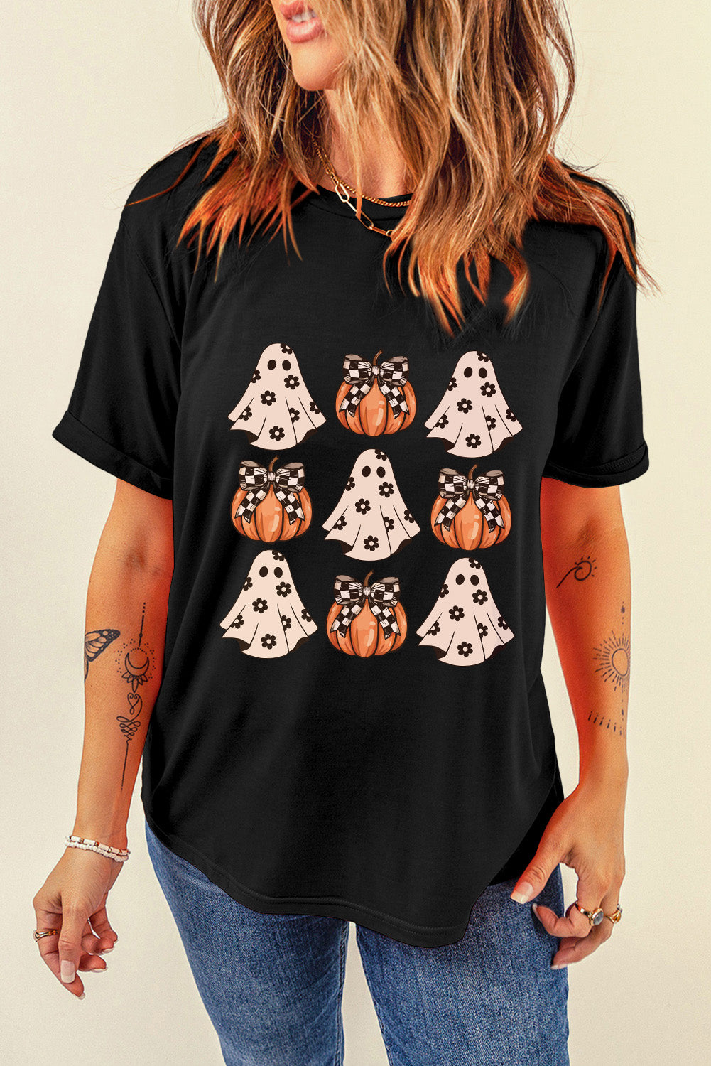 Black Halloween Ghost Pumpkin Print Crew Neck T Shirt