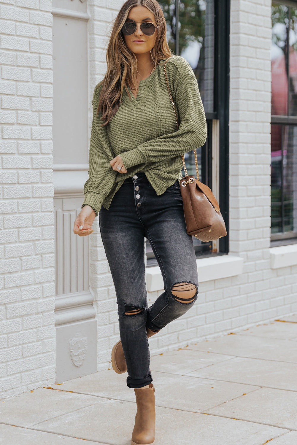 Green Waffle Knit Split Neck Pocketed Loose Top