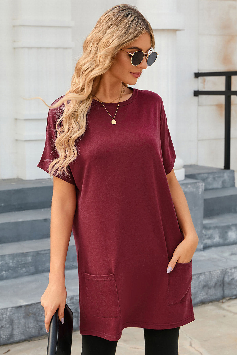 Side Pockets Short Sleeve Tunic Top