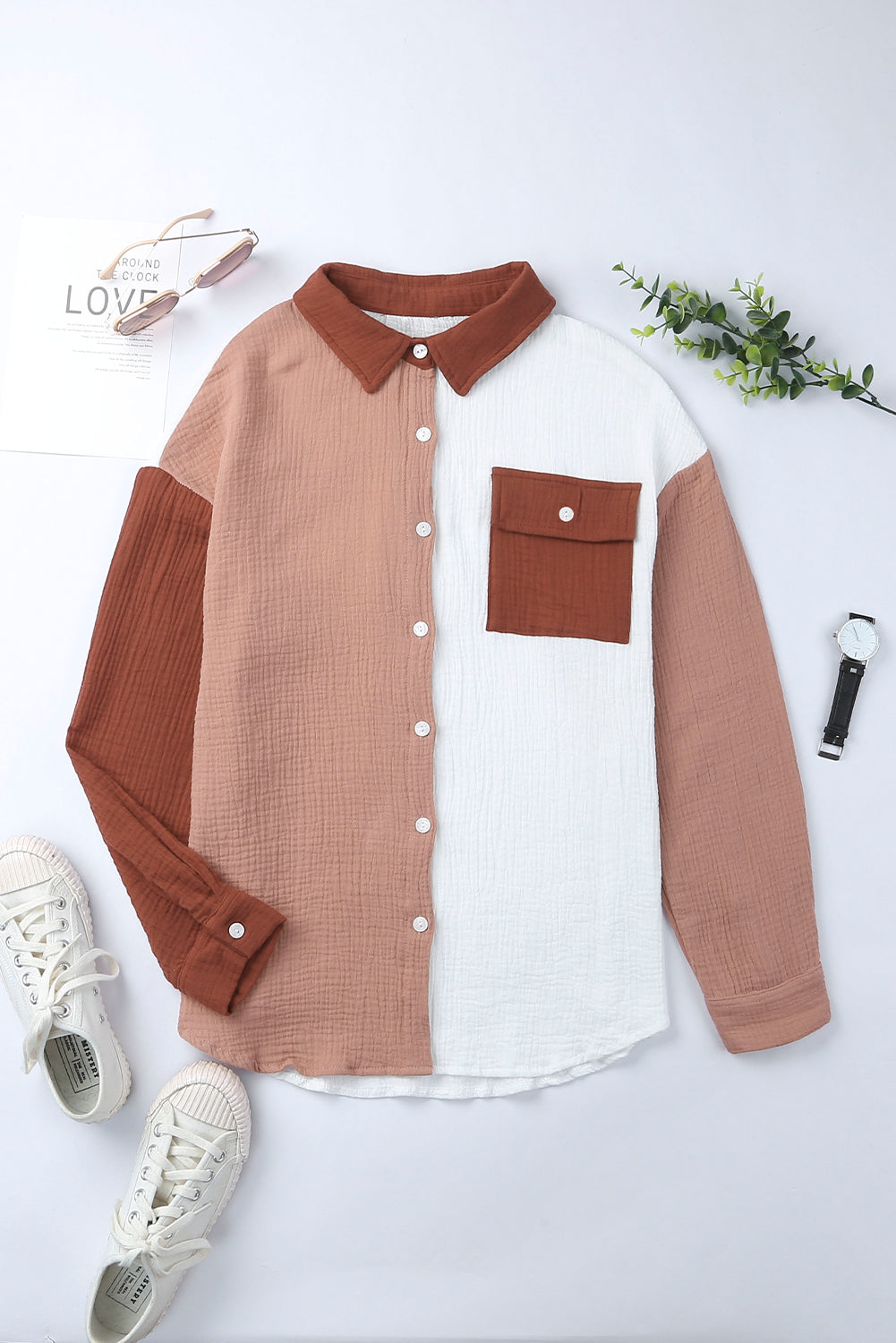 Brown Color Block Textured Long Sleeve Shirt with Pocket