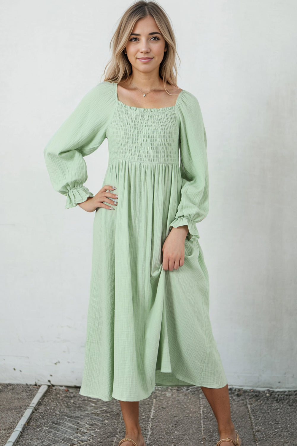 Green Smoked Flounce Sleeve Textured Empire Waist Maxi Dress