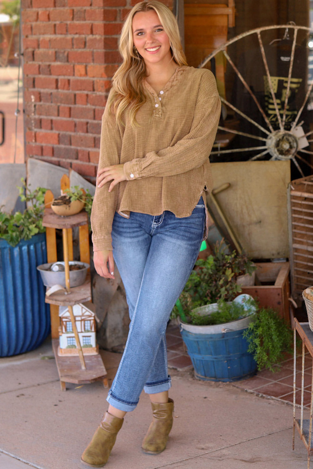 Brown Crinkle Textured Loose Henley Top