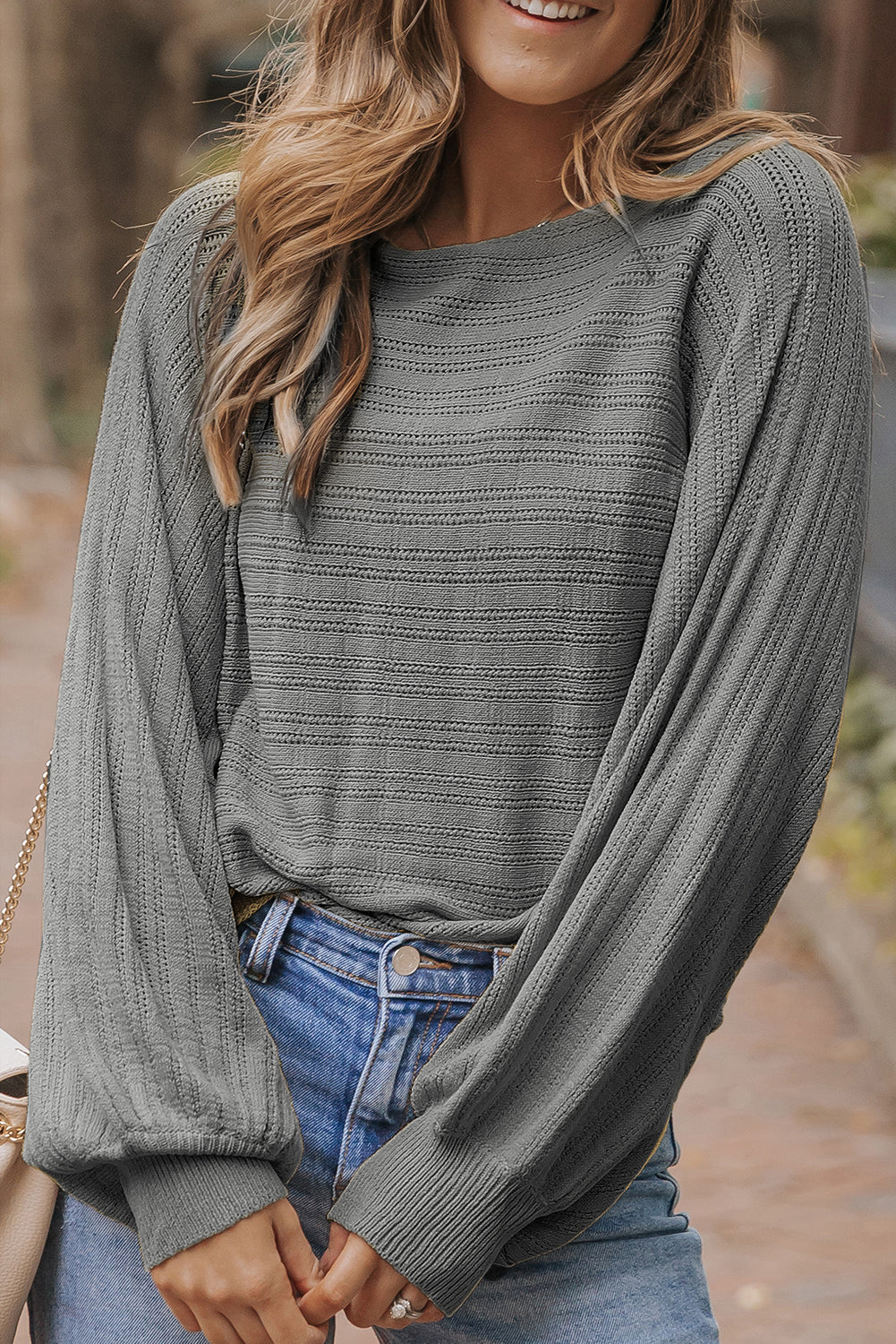 Dark Grey Lantern Sleeve Eyelets Textured Knit Sweater