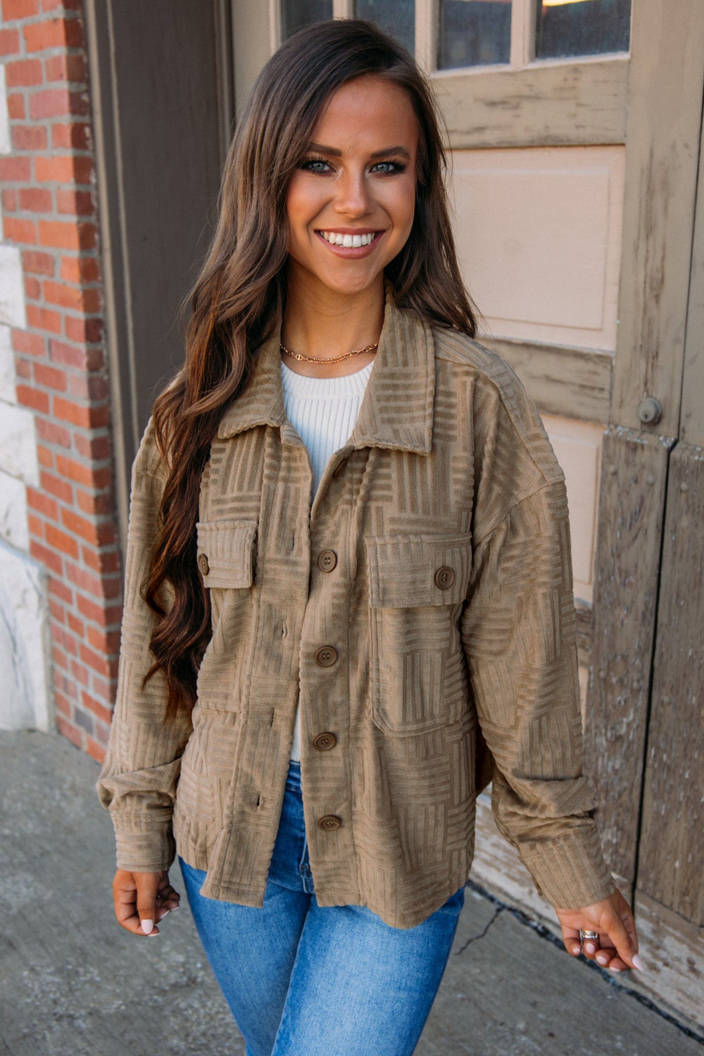 Dark Khaki Textured Chest Pocket Button-up Shacket