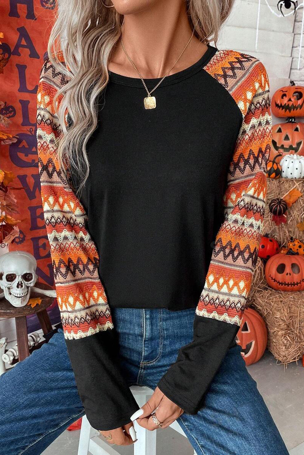 Orange Geo Print Raglan Patchwork Long Sleeve Tee