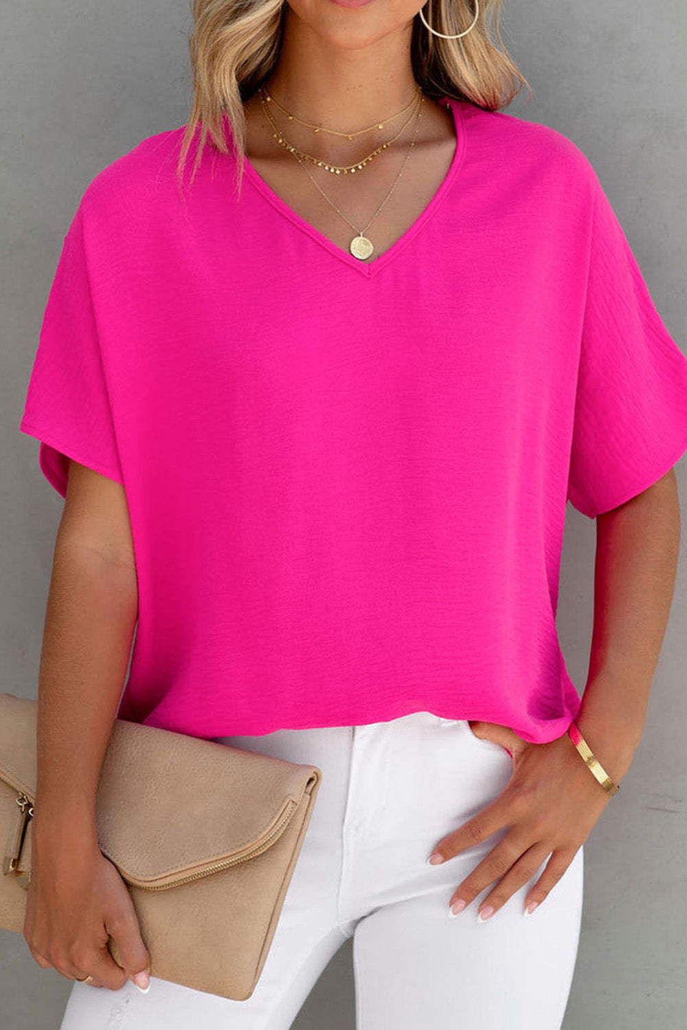 Rose Solid V Neck Short Sleeve Blouse