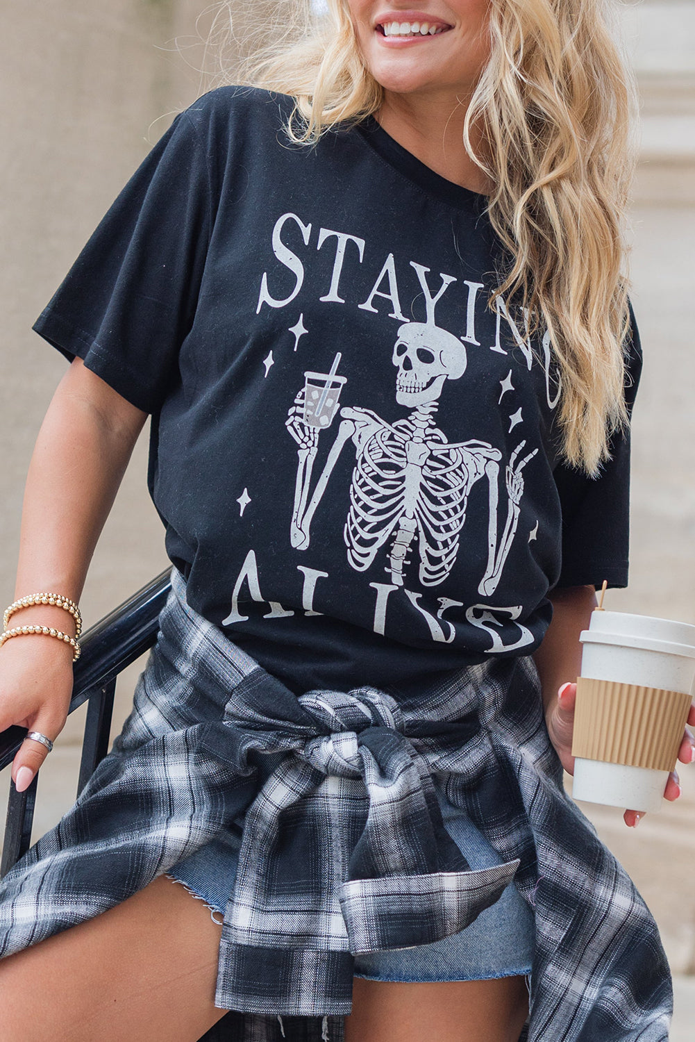 Black STAYING ALIVE Funny Skeleton Print Round Neck T Shirt