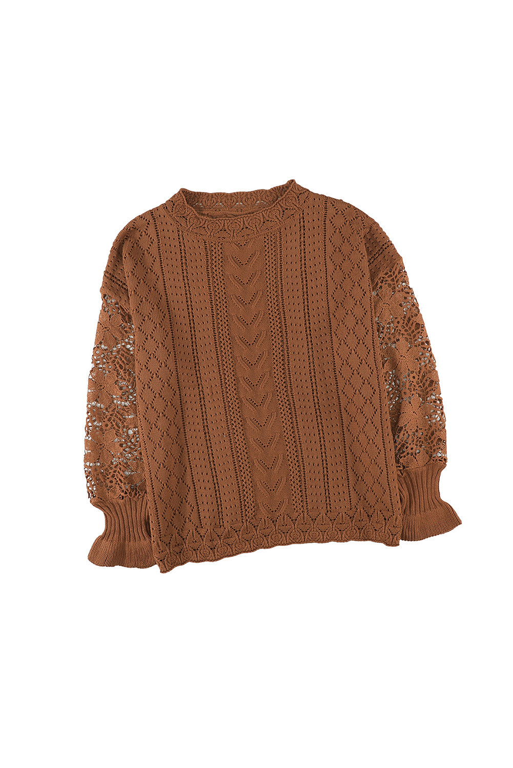 Brown Crochet Lace Pointelle Knit Sweater