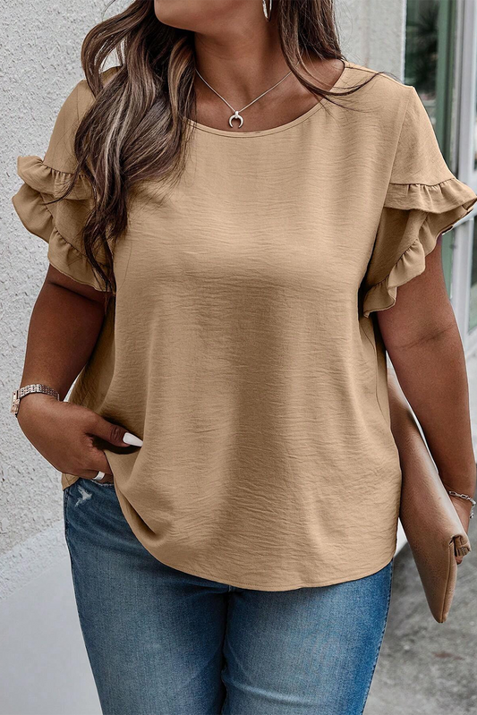 Light French Beige Ruffled Short Sleeve Plus Size Top