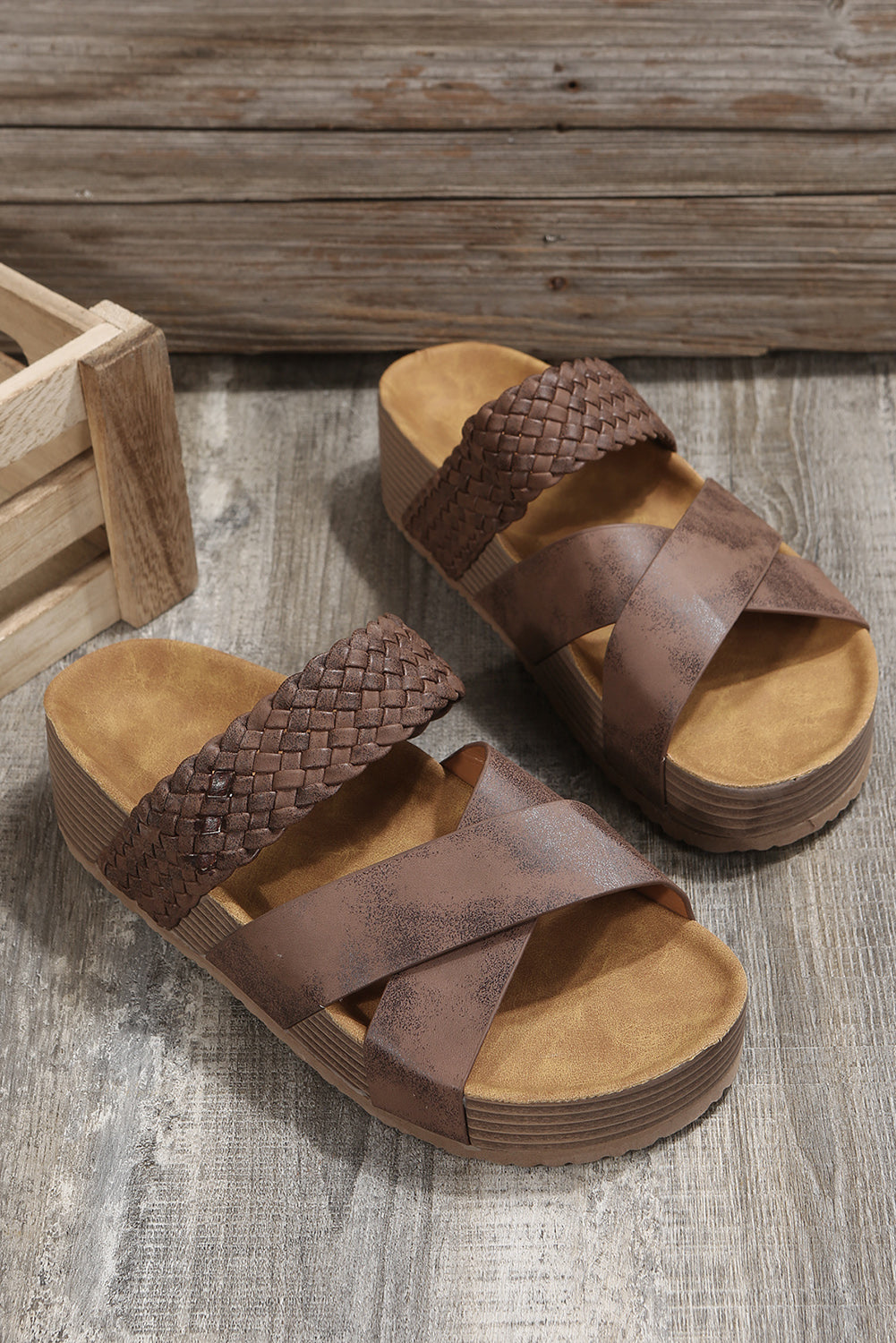 Brown Braided Detail Criss Cross Platform Slippers