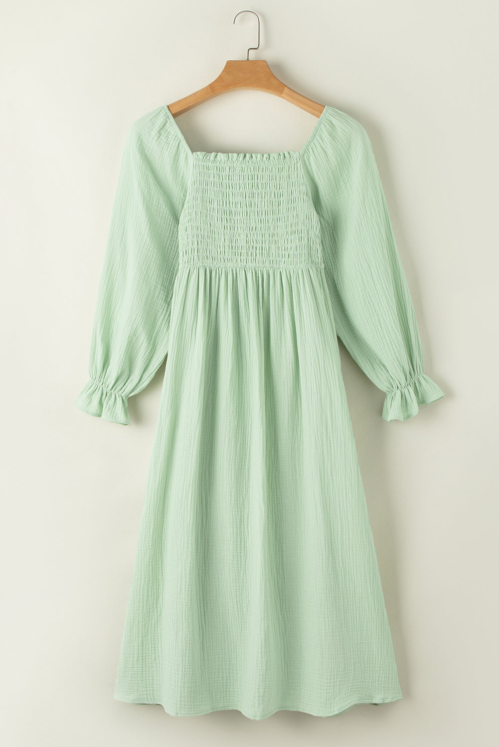 Green Smoked Flounce Sleeve Textured Empire Waist Maxi Dress