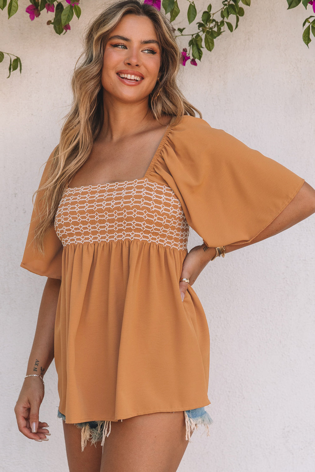 Brown Square Neck Wide Sleeves Flowy Top