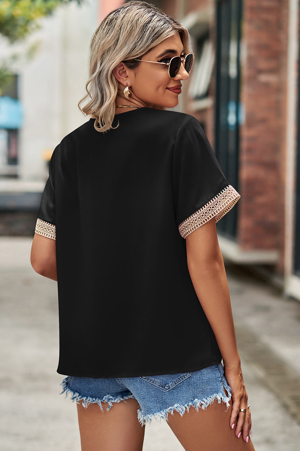 Openwork V-Neck Short Sleeve T-Shirt