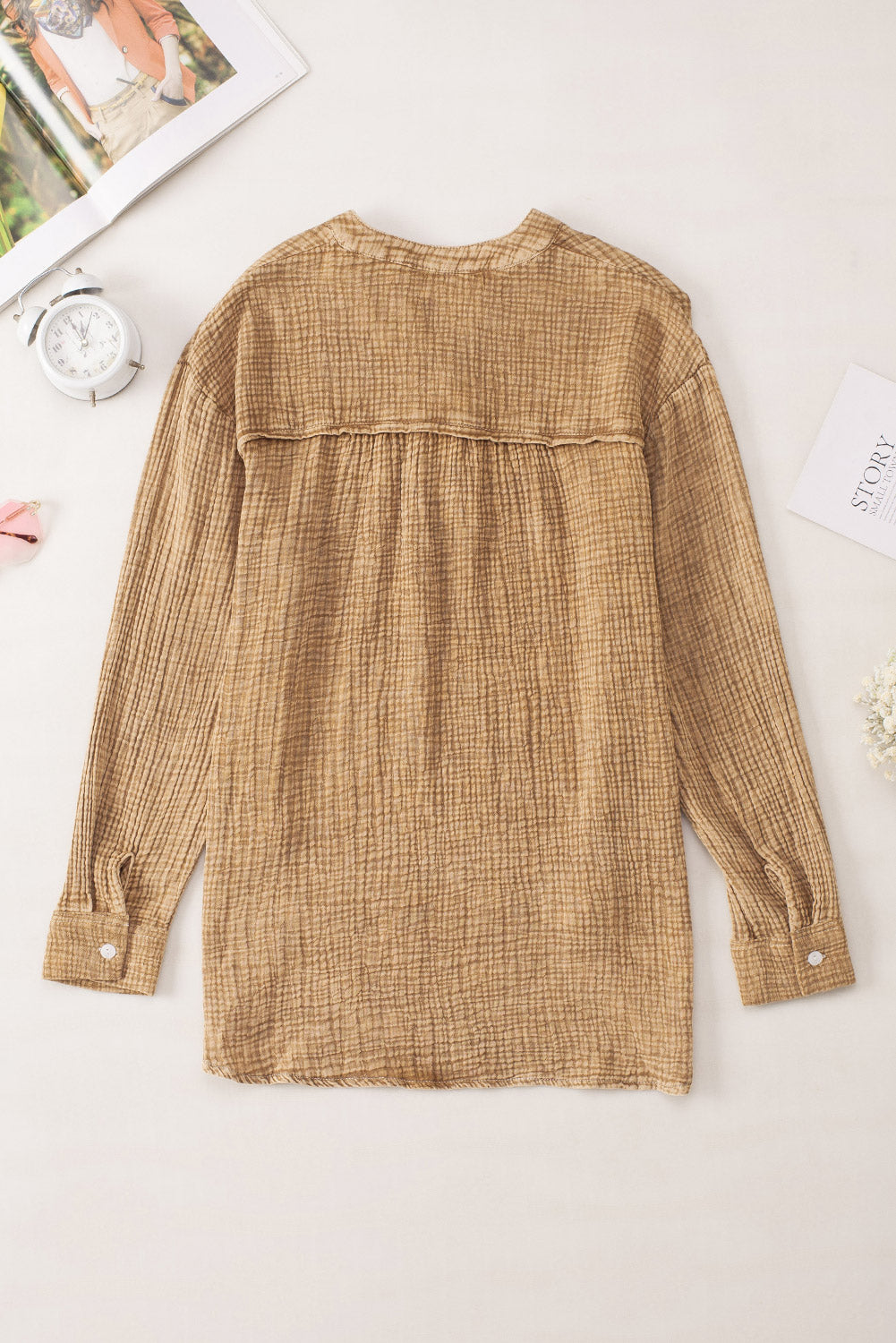 Brown Crinkle Textured Loose Henley Top