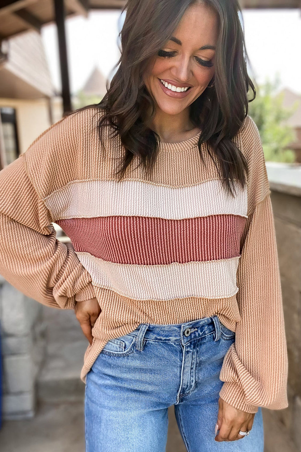 Light French Beige Colorblock Rib Corded Sweatshirt